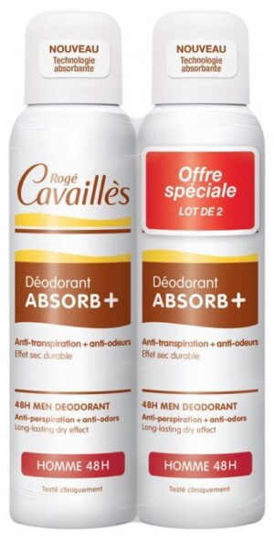 Déodorant absorb + - Anti transpirant + anti odeurs - Homme 48h - Lot de 2 x 150ml