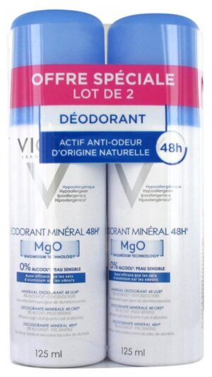 Déodorant minéral 48H - MgO - 0% d'alcool - Peau sensible - Lot de 2 x 125ml