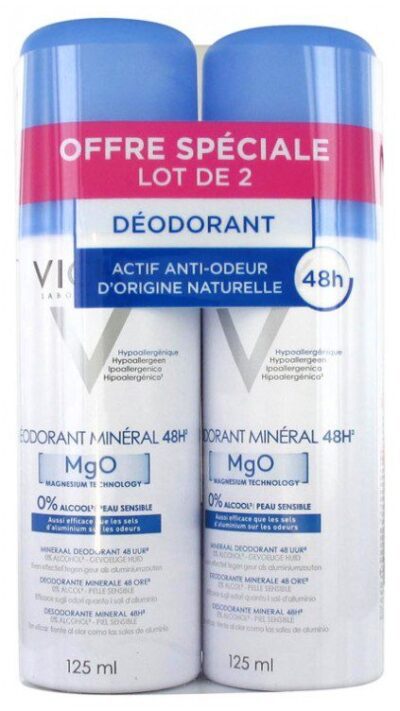Déodorant minéral 48H - MgO - 0% d'alcool - Peau sensible - Lot de 2 x 125ml