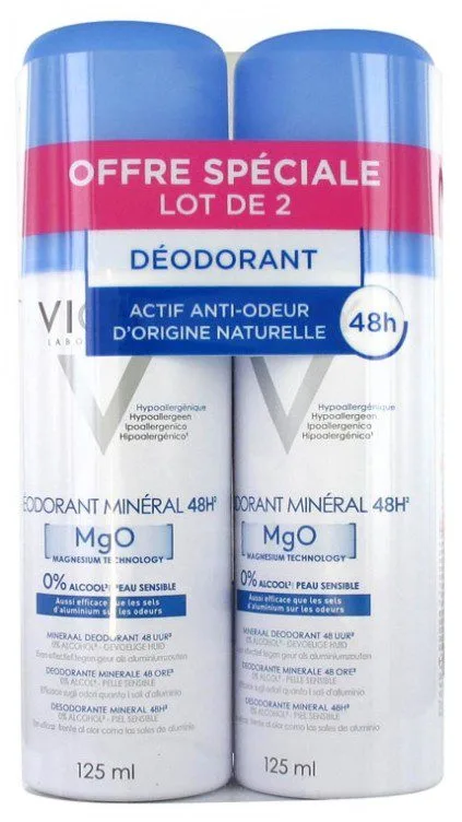 Déodorant minéral 48H - MgO - 0% d'alcool - Peau sensible - Lot de 2 x 125ml