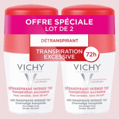 Détranspirant intensif 72h - Transpiration excessive - Peau sensible, sans alcool - Lot de 2 x 50ml