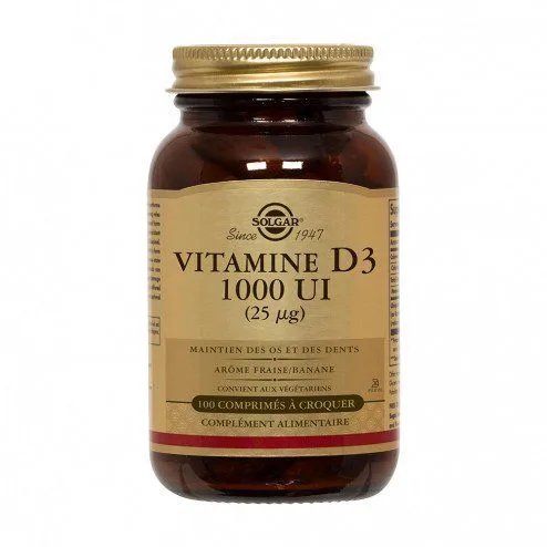 Solgar - Vitamine D3 1000UI - Maintien des os et des dents - Complément alimentaire - 100 comprimés à croquer