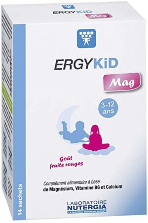ERGYKID Mag - 3-12ans - Arômes naturels fruits rouges - Complément alimentaire à base de Magnésium, Vitamine B6 et Calcium - 14