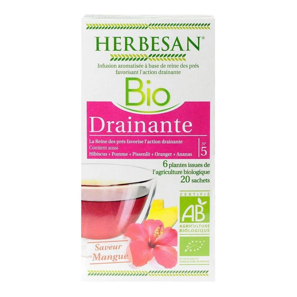 Herbesan BIO - Infusion naturellement aromatisée - Drainante - Saveur mangue - 20 sachets