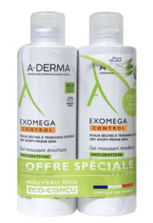A-DERMA - Exomega Control - Gel Moussant Émollient - 2x500ml
