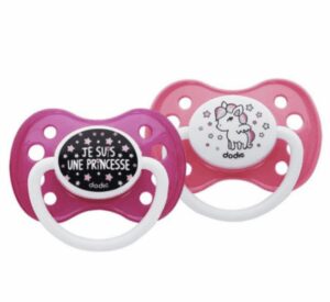 Dodie 2 sucettes anatomiques silicone 6 mois et + A28 / Je suis une princesse + Licorne