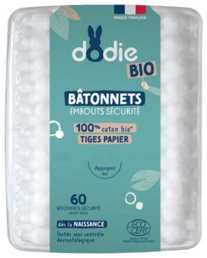 Dodie - Bâtonnets Embouts Sécurité 100% Coton Bio 60 Bâtonnets