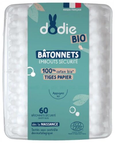 Dodie - Bâtonnets Embouts Sécurité 100% Coton Bio 60 Bâtonnets