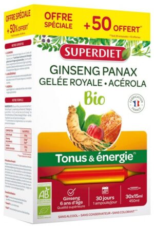 Superdiet - Ginseng Gelée Royale et Acérola Bio 20 Ampoules + 10 Ampoules Offertes