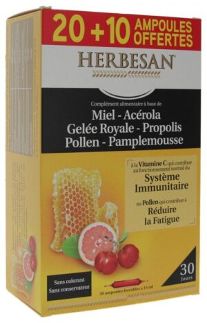Herbesan - Miel Gelée Royale Acérola Pollen Pamplemousse Propolis 20 Ampoules + 10 Offertes