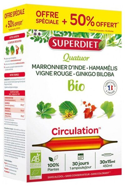 Superdiet - Quatuor Vigne Rouge Circulation Bio 20 Ampoules + 10 Ampoules Offertes