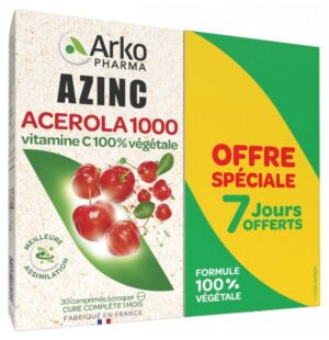 Arkopharma - Azinc Acérola 1000 Lot de 2 x 30 Comprimés à Croquer