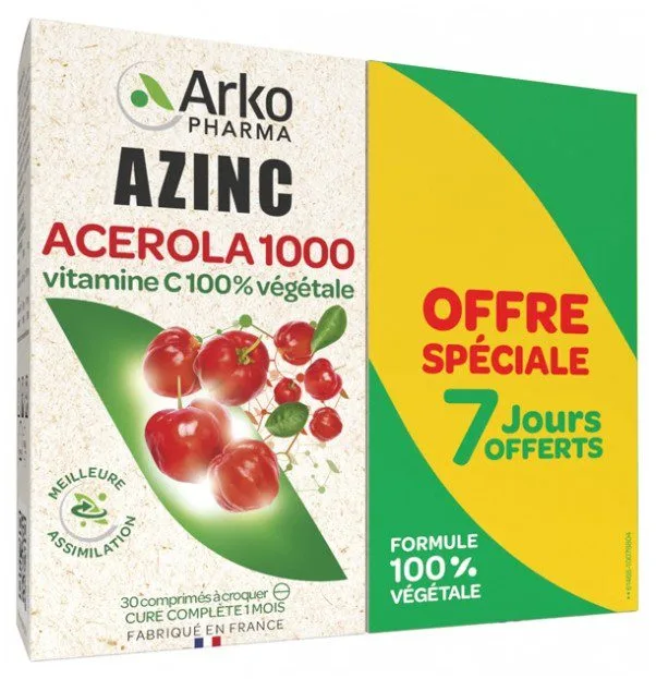 Arkopharma - Azinc Acérola 1000 Lot de 2 x 30 Comprimés à Croquer
