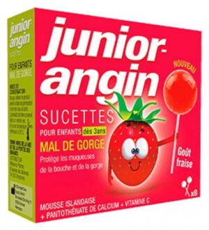 Junior-angin - Sucettes Mal de Gorge Goût Fraise 8 Sucettes