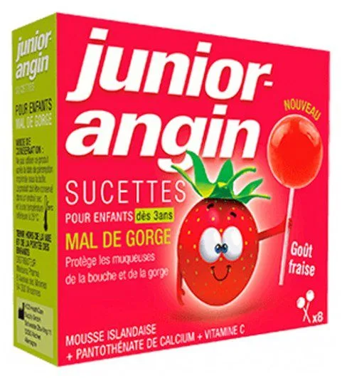 Junior-angin - Sucettes Mal de Gorge Goût Fraise 8 Sucettes