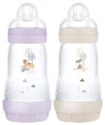 Mam - 2 Biberons Easy Start 260 ml 2 Mois et + Débit 2 - Couleur : Lilas/Sable