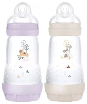 Mam - 2 Biberons Easy Start 260 ml 2 Mois et + Débit 2 - Couleur : Lilas/Sable