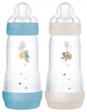 Mam - 2 Biberons Easy Start 320 ml 4 Mois et + Débit 3 - Couleur : océan/sable