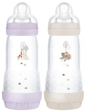 Mam - 2 Biberons Easy Start 320 ml 4 Mois et + Débit 3 - Couleur : Lilas/sable