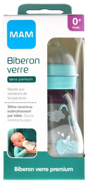 Man - Biberon Verre Premium 170 ml 0 Mois et + Débit 1 - Modèle : Ours et Hérisson