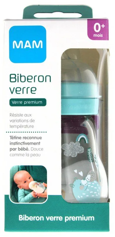 Man - Biberon Verre Premium 170 ml 0 Mois et + Débit 1 - Modèle : Ours et Hérisson