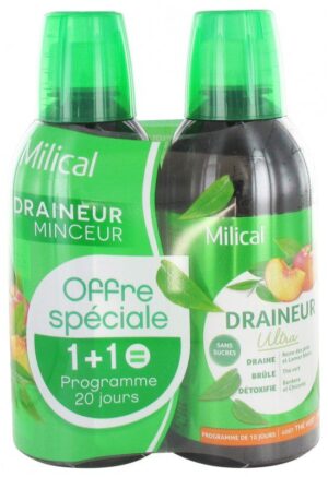 Milical - Draineur Minceur Ultra Lot de 2 x 500 ml - Saveur : Thé vert / Pêche