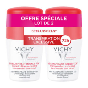 Vichy Laboratoires - Détranspirant intensif 72h - Transpiration excessive - Peau sensible, sans alcool - Lot de 2 x 50ml