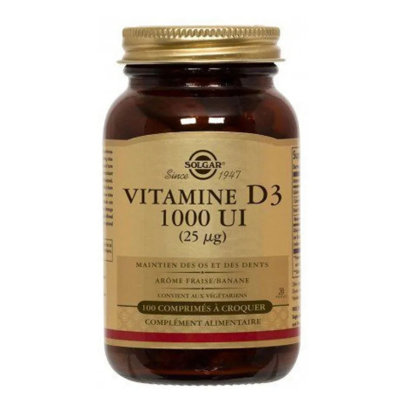 COMPLÉMENT ALIMENTAIRE Vitamine D3 1000UI Maintien des Os et des Solgar 100 Comprimés