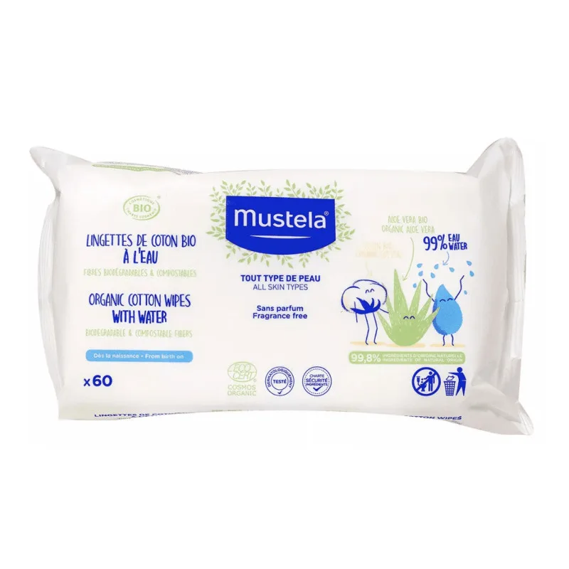 Mustela - Lingettes de Coton BIO à l'Eau - 60 unités