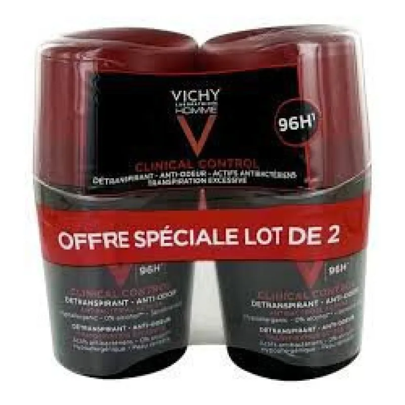 Vichy Laboratoires - Vichy-Homme Clinical Control Déodorant Détranspirant Anti-Odeur 96H Roll-On Lot de 2 x 50 ml