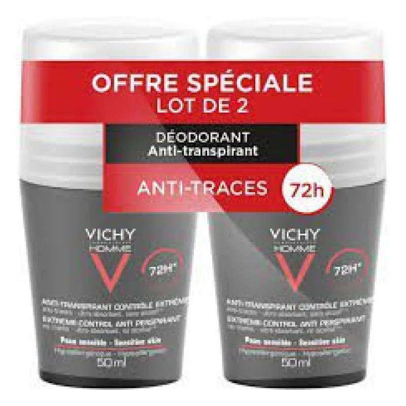 Vichy Laboratoires - Vichy - Homme Déodorant Anti-Transpirant 72H Contrôle Extrême Roll-On Lot de 2 x 50 ml