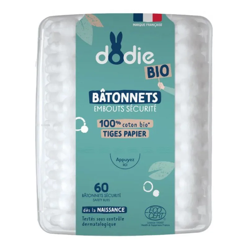 BÂTONNETS OUATE Bâtonnets Embouts Sécurité 100% Coton Bio 60 Bâtonnets Dodie