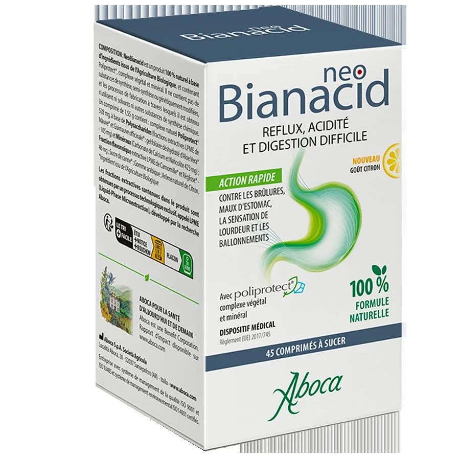 COMPRIMÉS À CROQUER Neobianacid Acidité et Reflux Citron Aboca 45 Comprimés