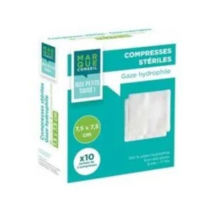 Marque Conseil Compresses steriles de gaze hydrophile 7,5 x 7,5 cm, boite de 25 sachets de 2