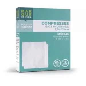 Marque Conseil Compresses steriles de gaze hydrophile 10 x 10 cm, boite de 10 sachets de 2