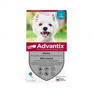 Advantix Solution spot-on petit chien 4 a 10 kg - boite de 4 pipettes de 1 ml