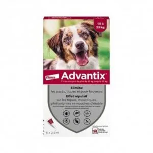 Advantix Solution spot-on chien moyen 10 a 25 kg - boite de 6 pipettes de 2,5 ml