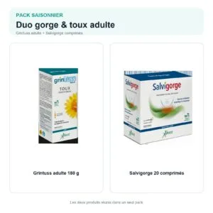 Grintuss adulte et Salvigorge comprimés réunis dans un pack